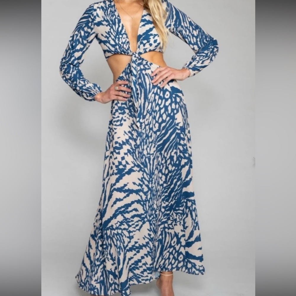 Blue and White Patterned Maxi Dress